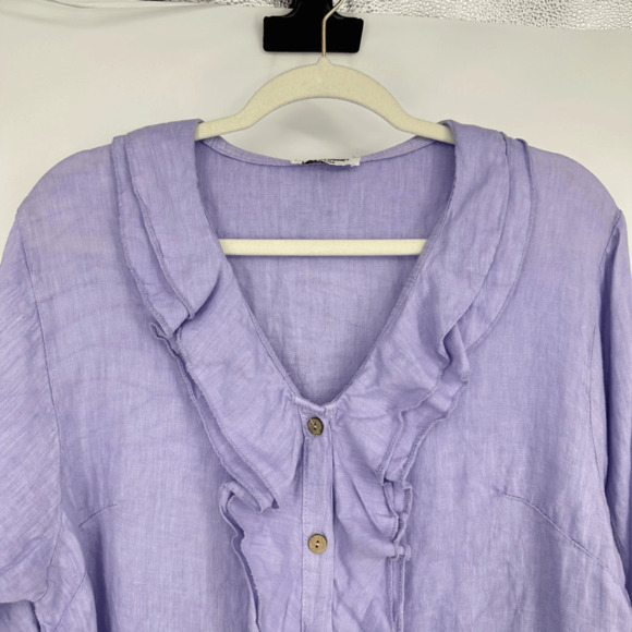 Womens 100% linen 3/4 Sleeve Button Front Blouse Size M Purple Ruffles Fairy - Picture 10 of 12